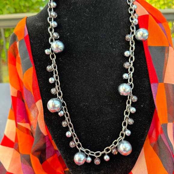 Satin Grey and Gunmetal Chunky Beaded Long Necklace - Picture 1 of 12
